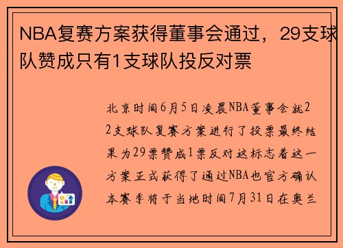 NBA复赛方案获得董事会通过，29支球队赞成只有1支球队投反对票