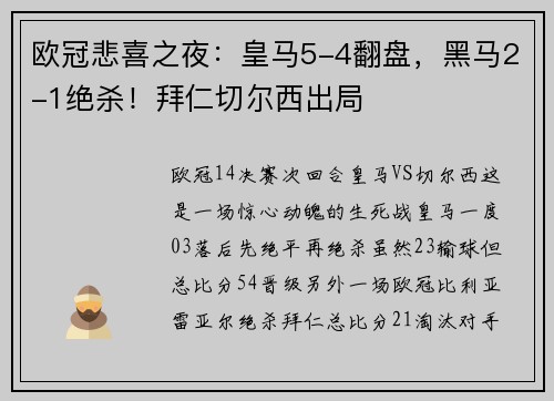 欧冠悲喜之夜：皇马5-4翻盘，黑马2-1绝杀！拜仁切尔西出局