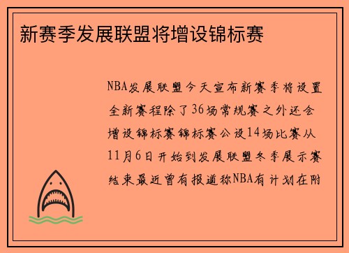 新赛季发展联盟将增设锦标赛